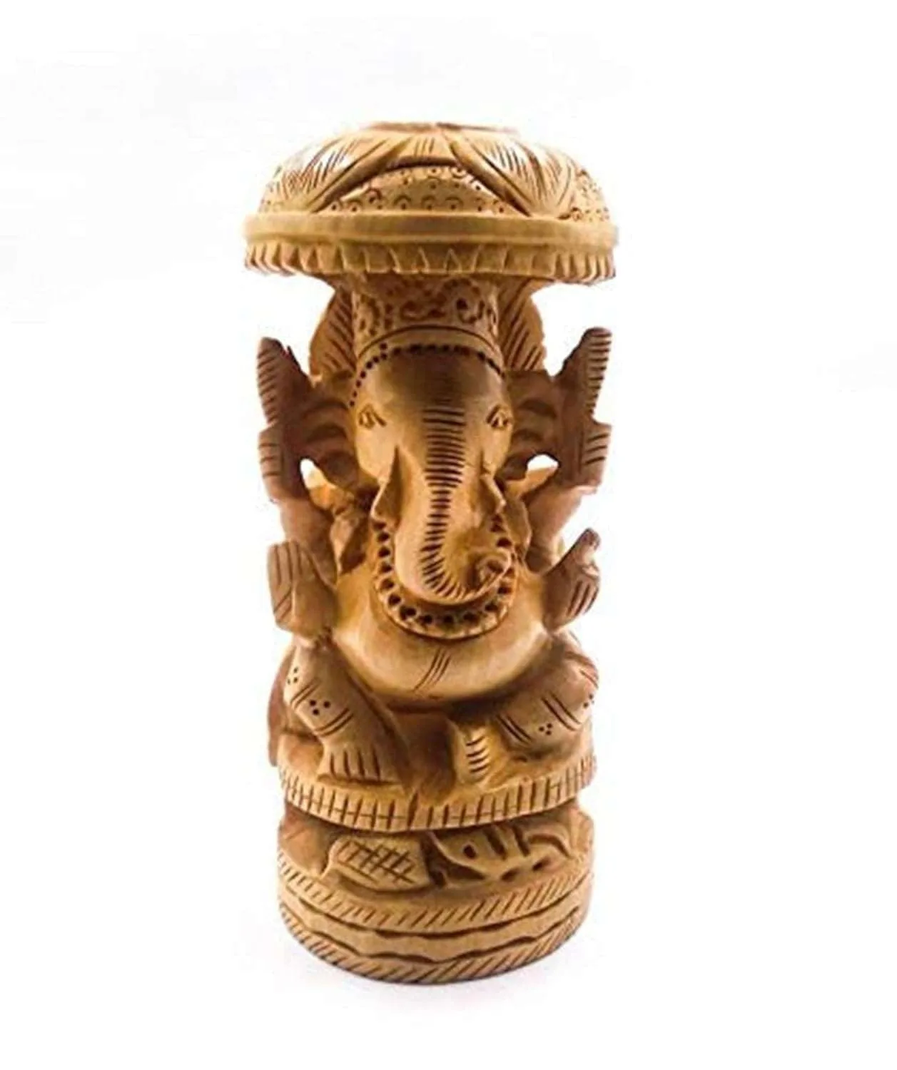 Hand Carved Lord Ganesha Wooden Idol with Umbrella