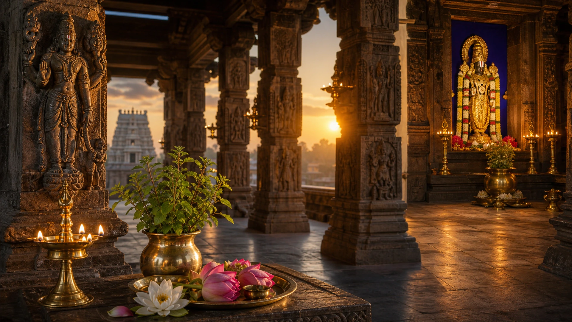 Devotional sunrise panorama of Sri Vaishnava Divya Desam temples with gopuram, temple tank, tulsi, lotus, and warm sacred light