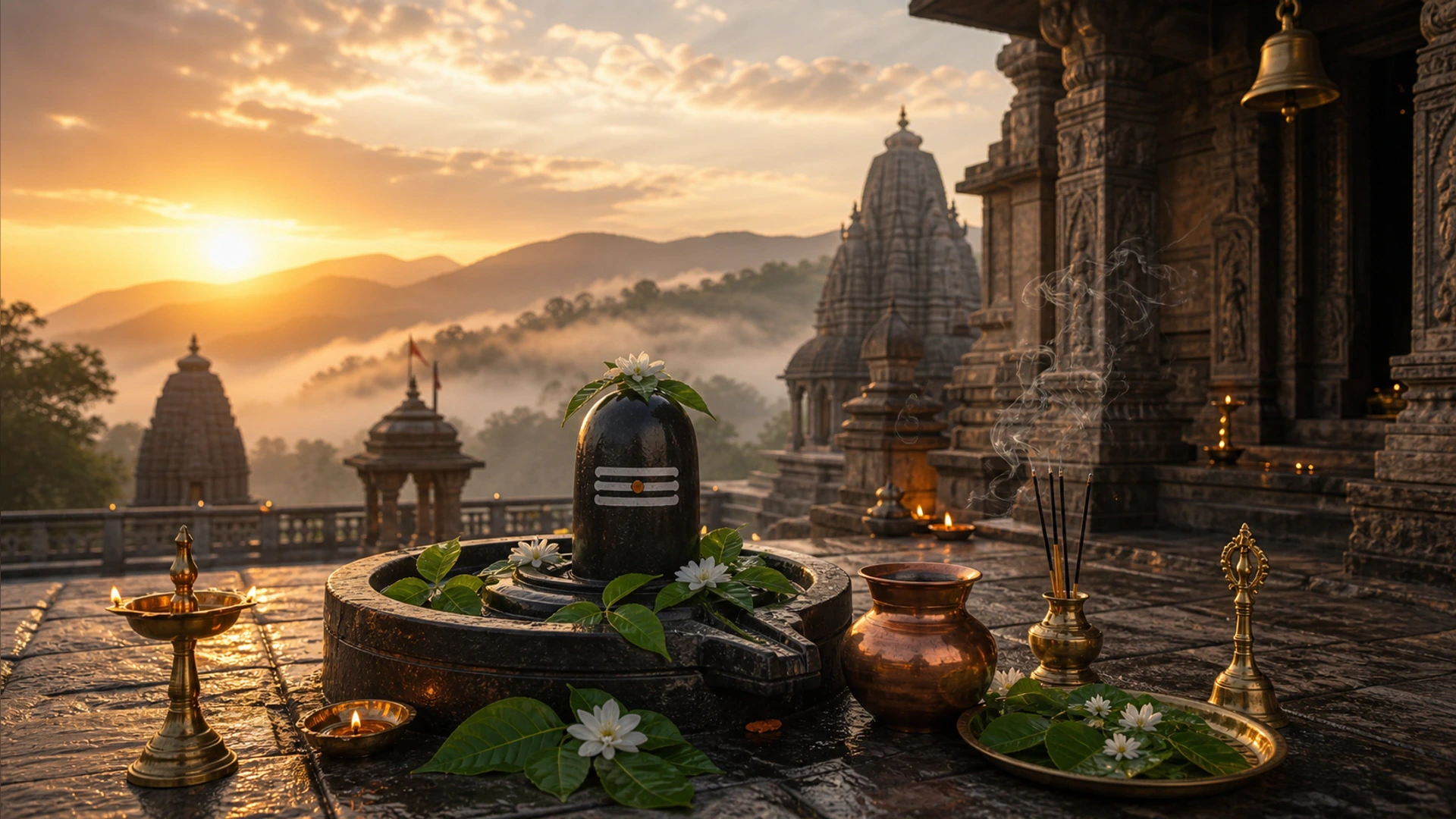Devotional sunrise panorama of Shiva Jyotirlinga pilgrimage with luminous lingam, temple spires, river, and diyas