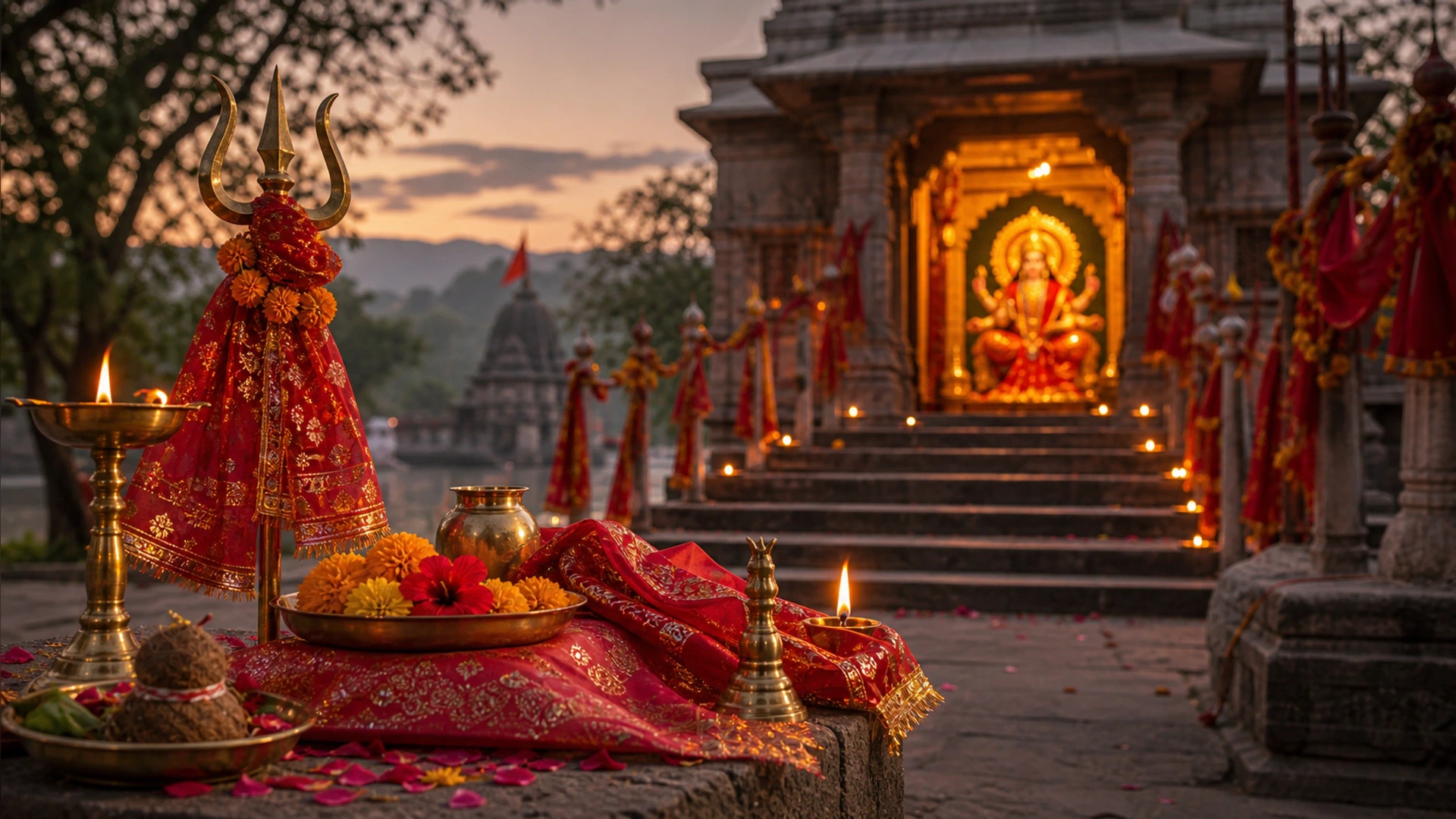देवी आभा, मंदिर घंटियाँ, दीप, कमल, पर्वतीय मंदिर, गुफा मंदिर, नदी घाट और समुद्री मंदिर के साथ शक्ति पीठ यात्रा का भक्तिपूर्ण दृश्य