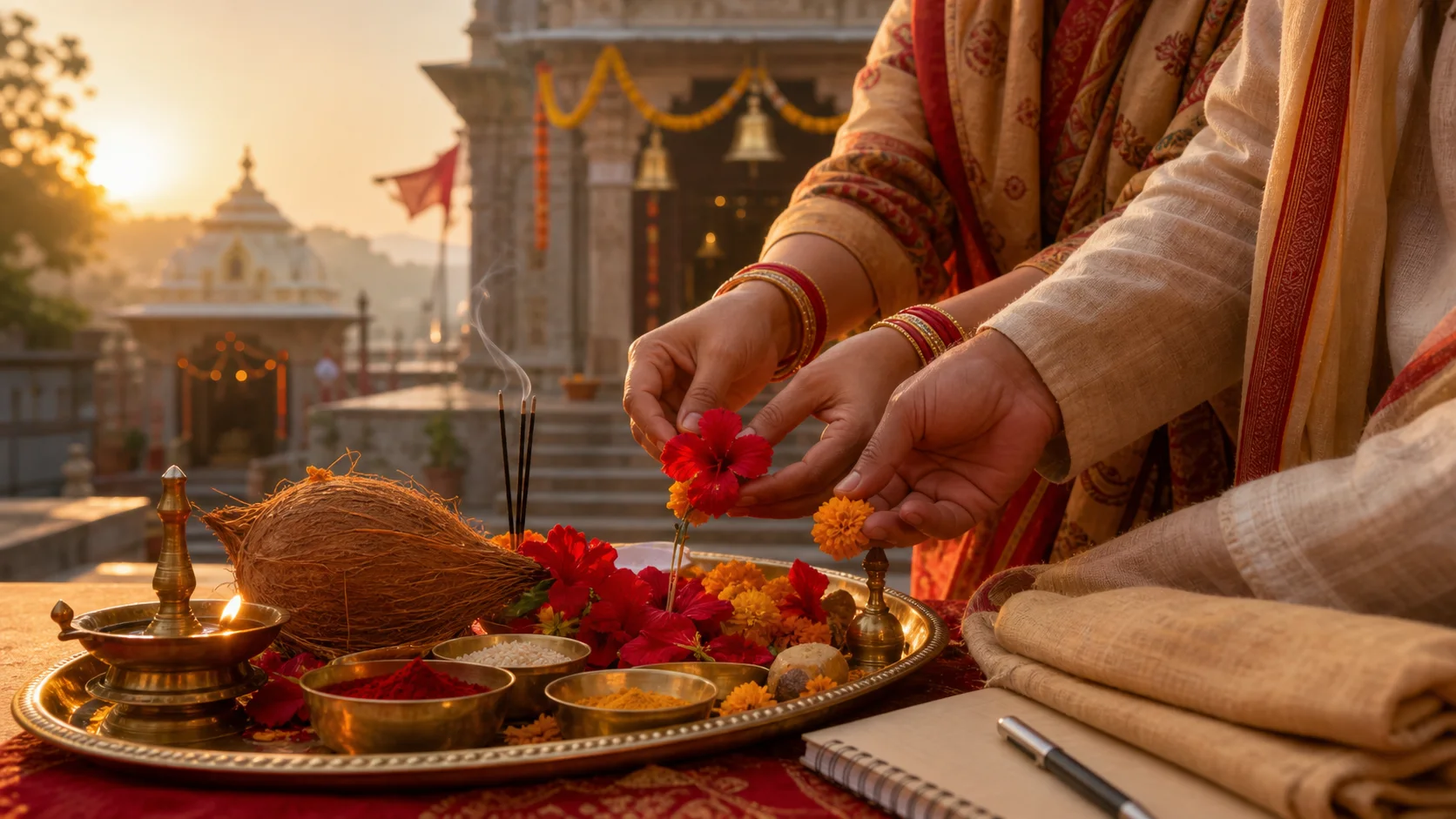 नारळ, फुले, कुंकू, हळद, दिवा, धूप आणि मंदिर पार्श्वभूमीसह शक्तिपीठ दर्शन थाळी तयार करणारे भक्त