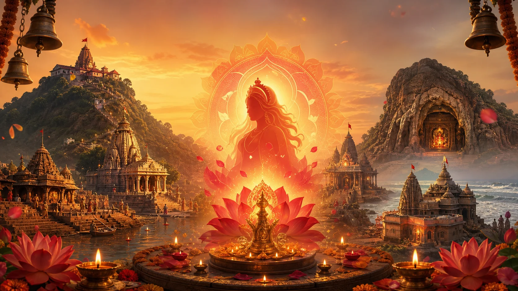 देवीचा तेजोवलय, मंदिर घंटा, दिवे, कमळ, डोंगरी मंदिर, गुहा मंदिर, नदीघाट आणि समुद्रकिनारी मंदिरांसह शक्तिपीठ यात्रेचे भक्तिमय दृश्य