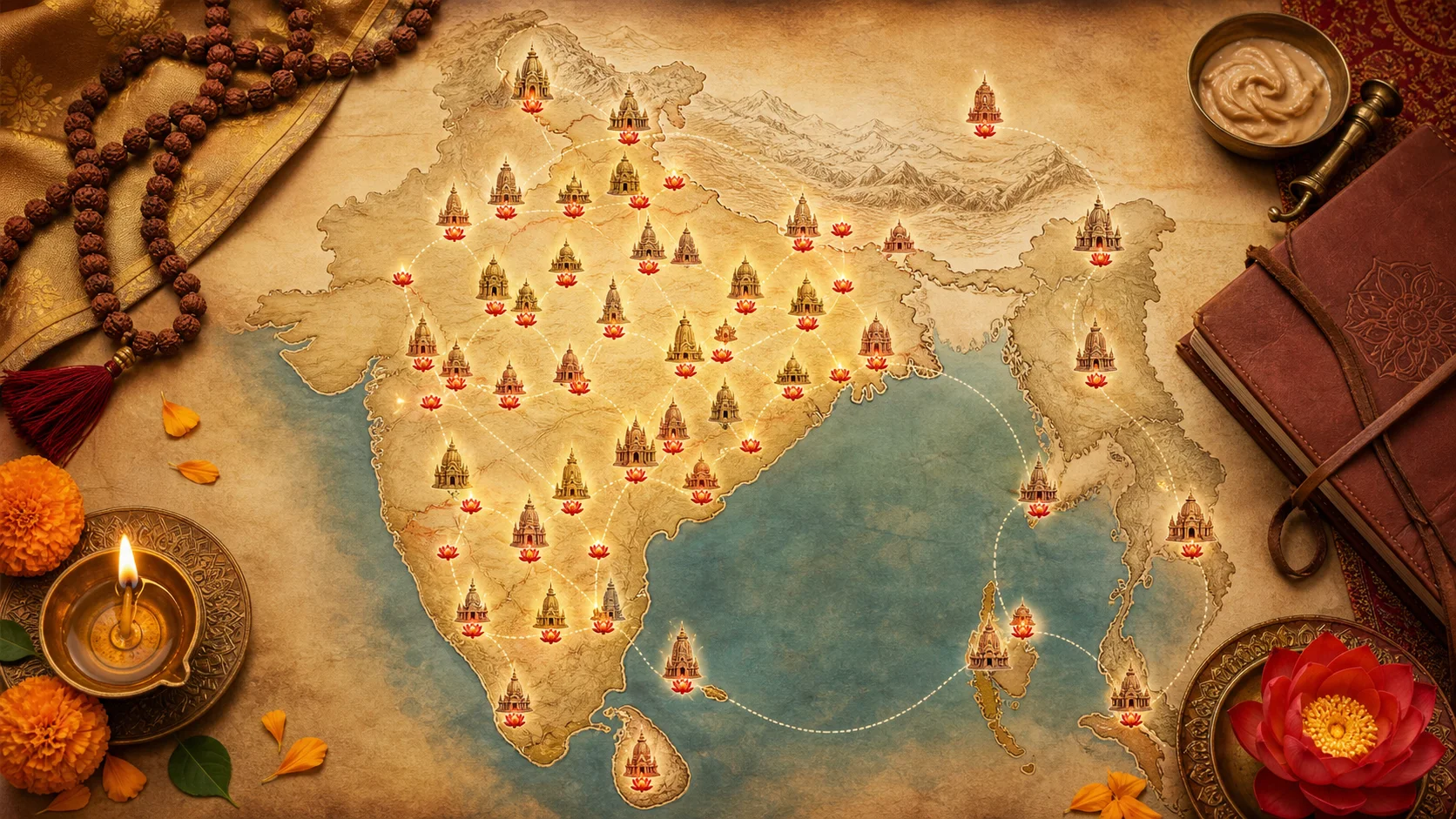 दिवा, रुद्राक्ष माळ, यात्रा वही आणि कमळ चिन्हांसह शक्तिपीठ यात्रेचा चित्रित नकाशा