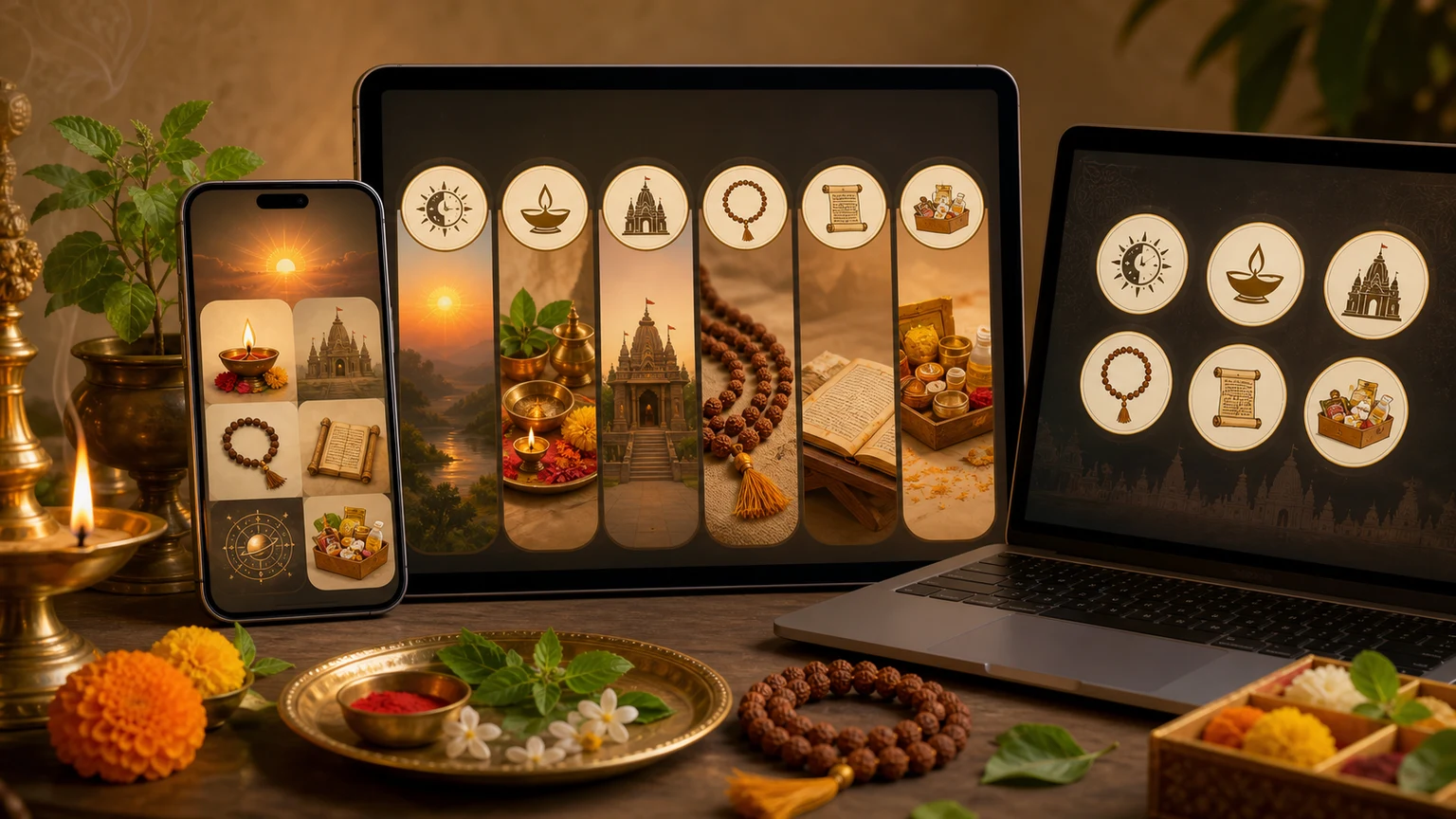 Hindu spiritual app practice stack across Panchang, puja, darshan, mantra, Jyotish, learning, and samagri