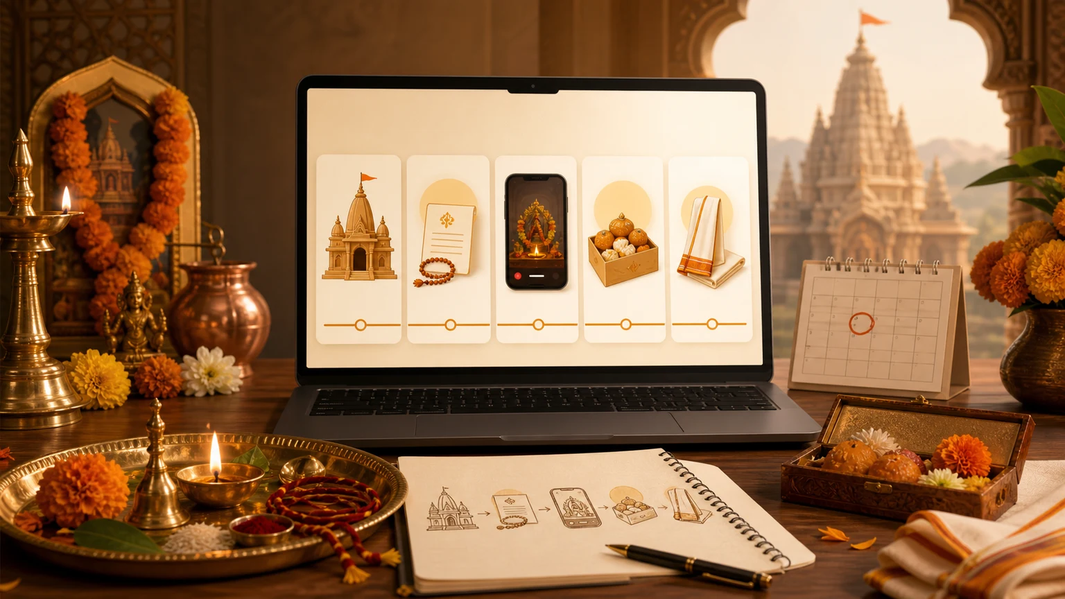 Online puja booking trust workflow with temple seva, sankalp, proof, prasad, and pandit coordination