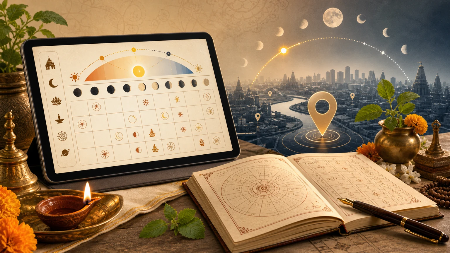 Location-aware Panchang app and printed Panchang workflow for tithi, nakshatra, Rahu Kaal, and muhurat planning