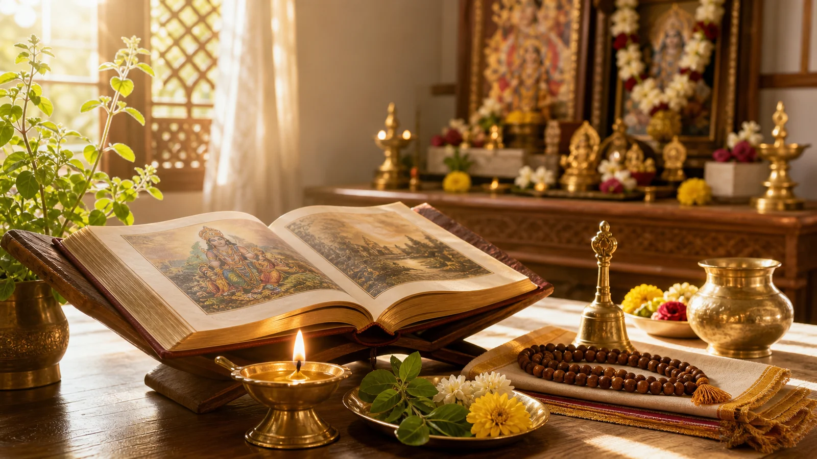 Open Hindu scripture with diya, mala, and home altar