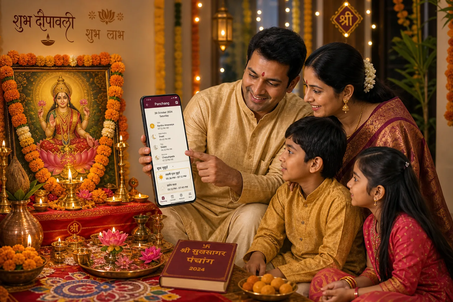Illustration of a modern family using a Panchang app beside a Diwali altar