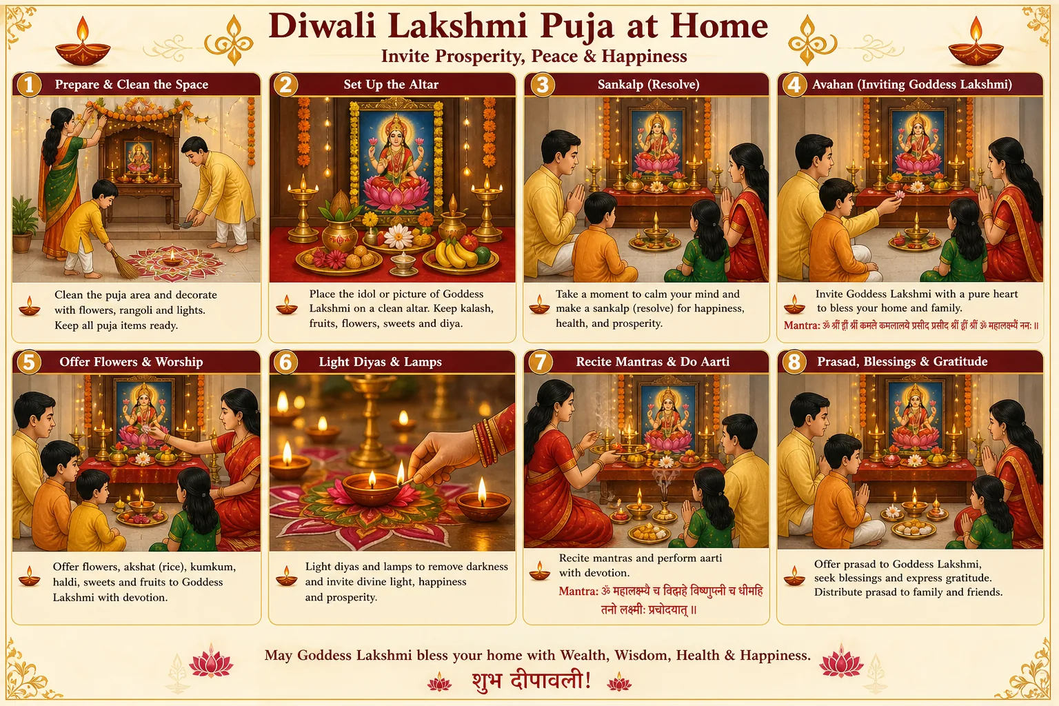 Illustration of a family performing Diwali Lakshmi Puja at home