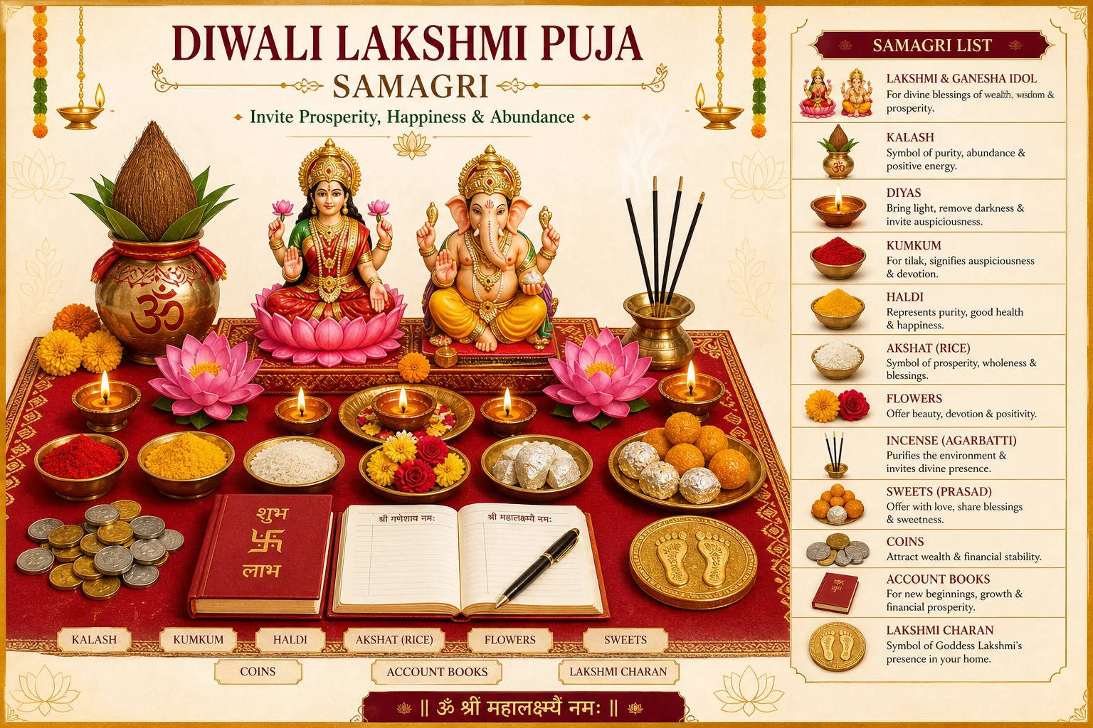 Illustration of Diwali Lakshmi Puja samagri arranged neatly
