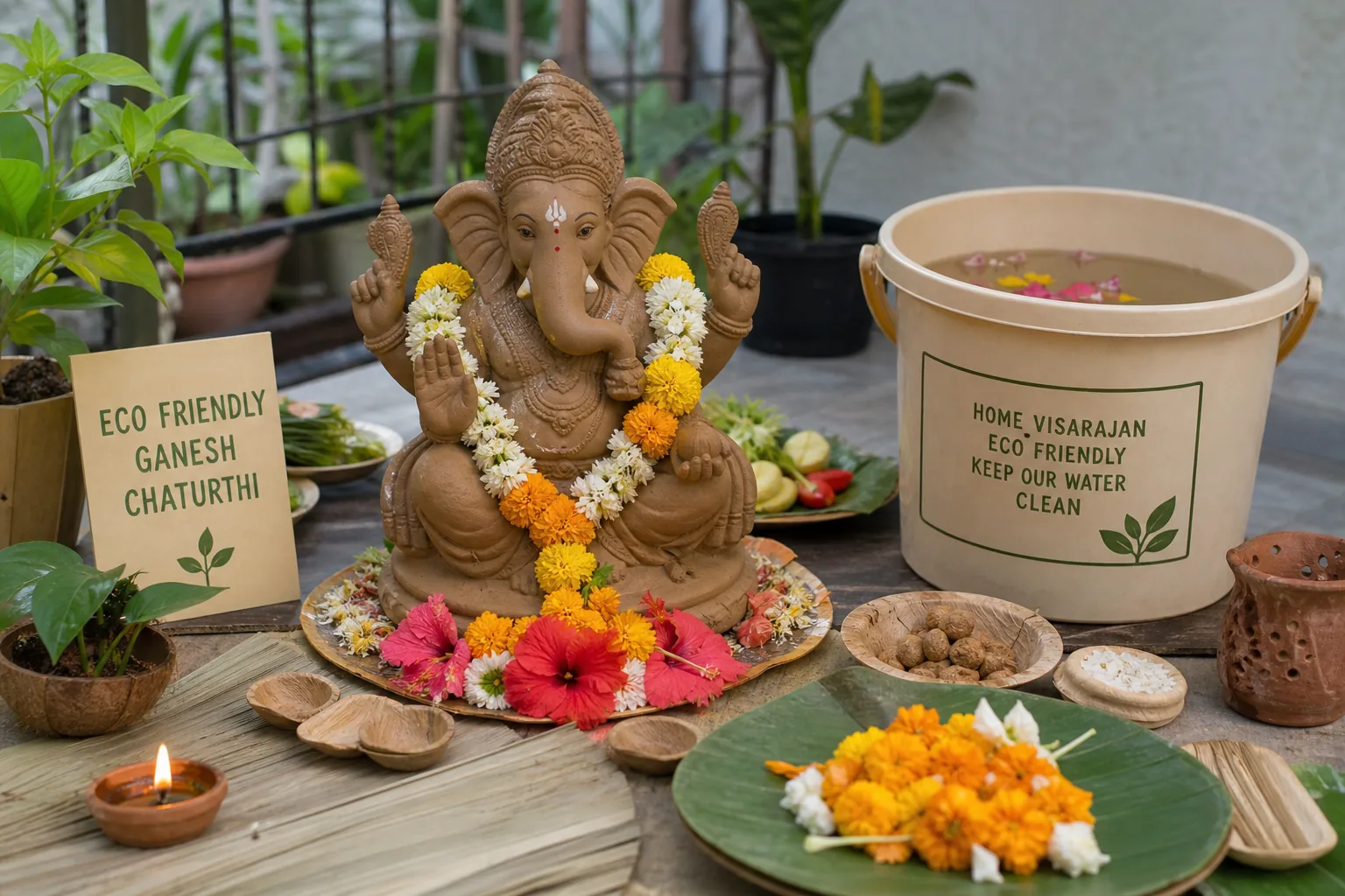 Eco friendly Ganpati visarjan and clay idol setup