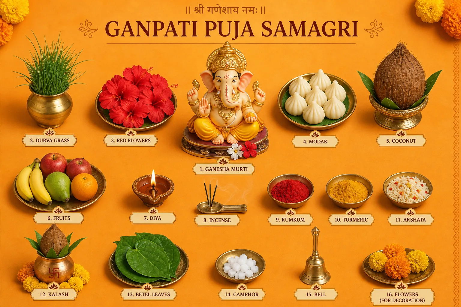 Ganpati puja samagri flat lay infographic