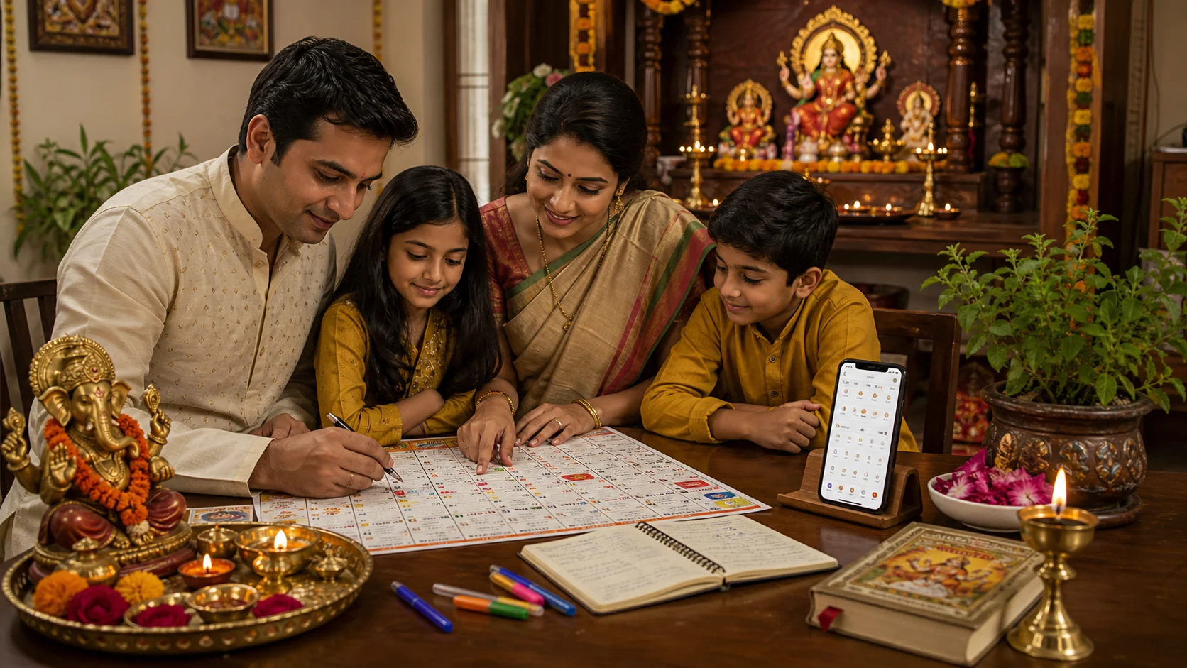 Family planning festival dates with panchang and home altar
