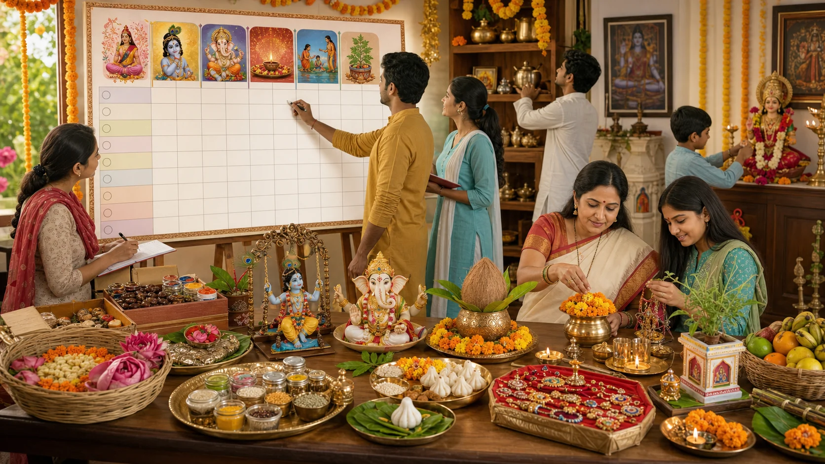 Festival season devotional setup with diyas, flowers, and puja preparation