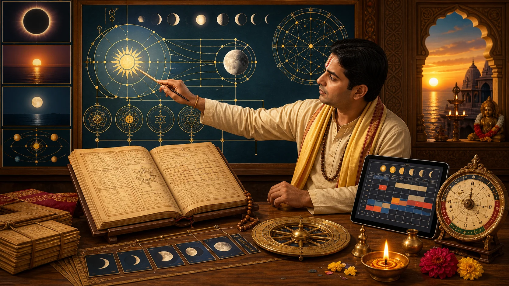 Panchang guidance scene with sacred calendar, lamp, and devotional planning items
