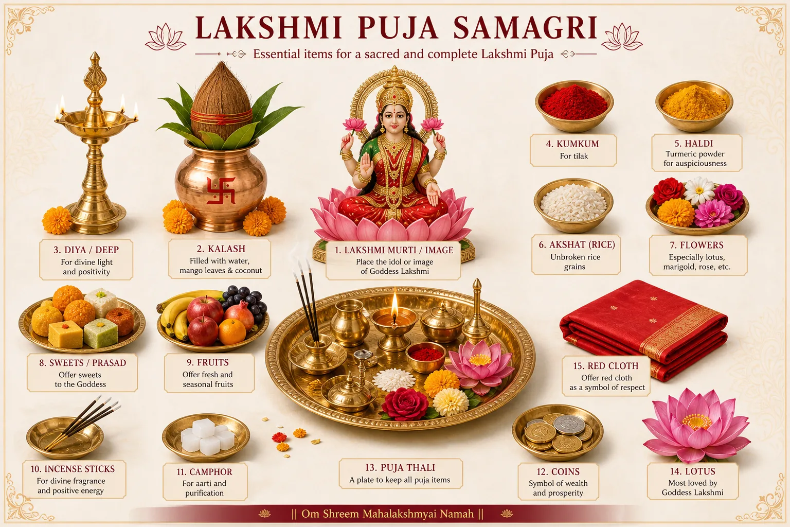 Illustration of Lakshmi Puja samagri essentials