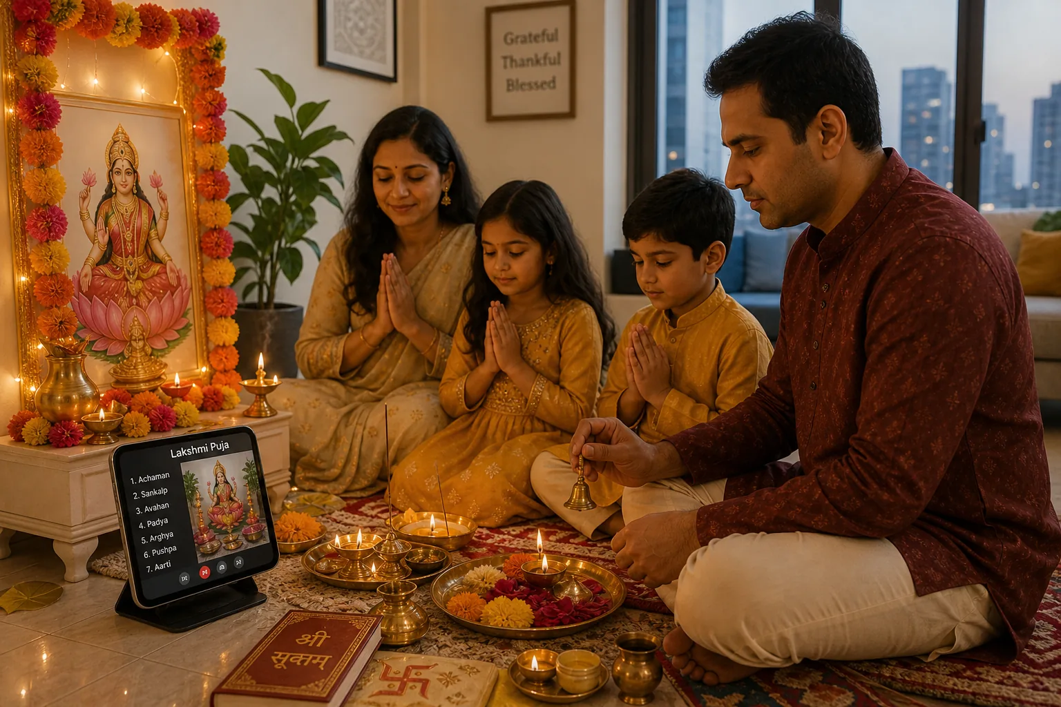 Modern family performing Lakshmi Puja with digital guidance