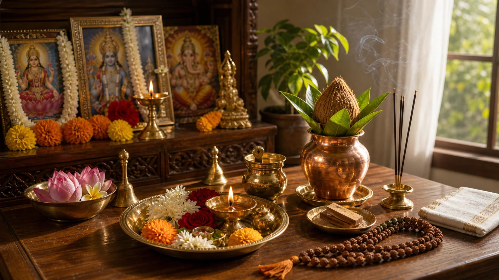 Home altar with diya, flowers, kalash, and mala for daily Hindu worship