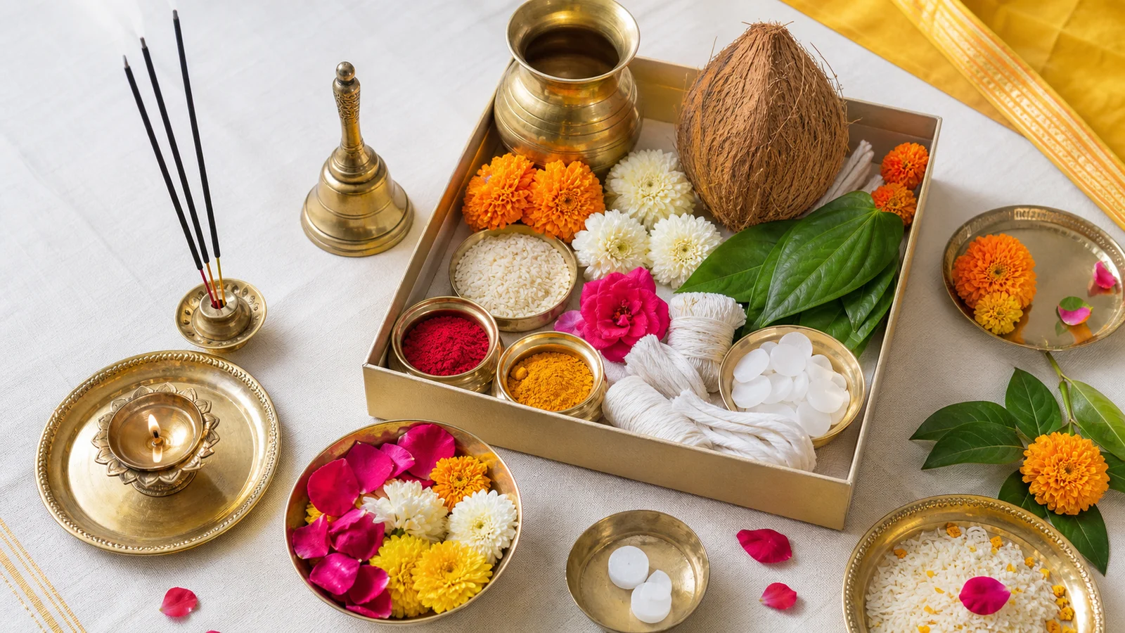 Organized puja samagri tray with flowers, coconut, kalash, rice, and diya